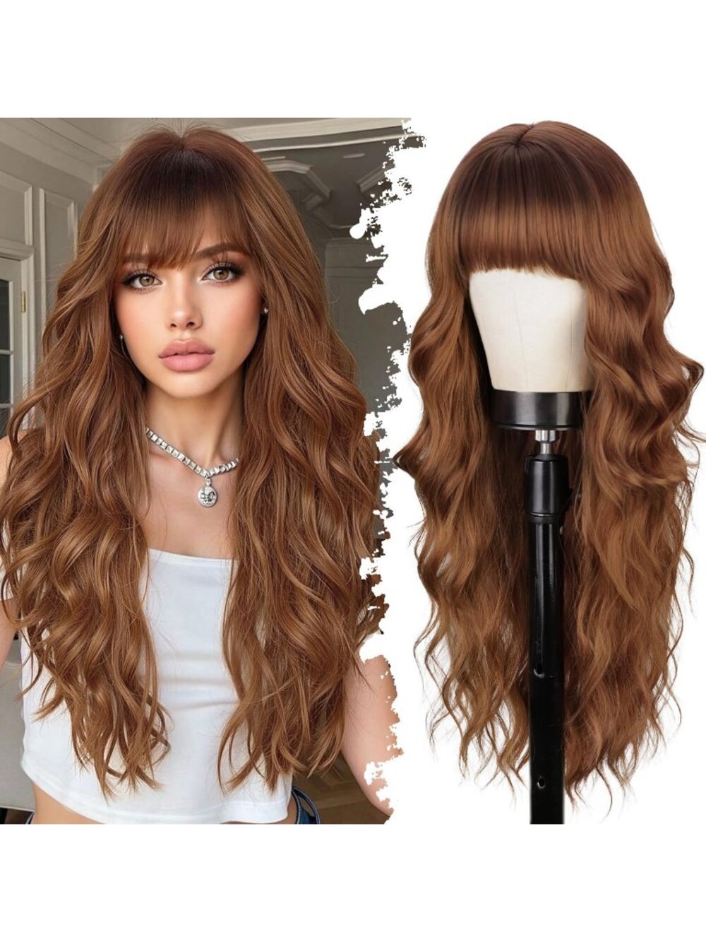 Women's Fashion Auburn Soft Long Natural Looking Wavy Curly Wig with Bangs